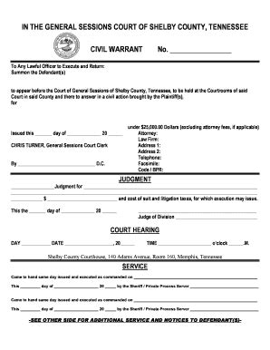 Civil Warrant - Action to Recover Personal Property (PDF) CV2001: Conditional Judgment on Levy (PDF) ... TN 38134 Phone: 901-222-3500 Office Hours; Southbrook Mall Office. 1254 East Shelby Drive Suite 270 Memphis, TN 38116. Phone: 901-222-3665 Office Hours: Monday-Friday 8:00am-4:15 pm. Helpful Links. Home. Site Map. Contact Us. …