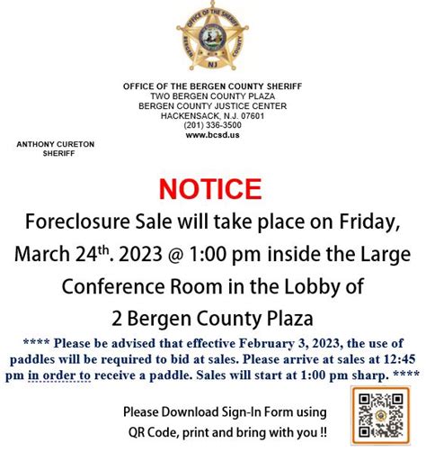Sheriff sale bergen county nj. Mahwah, NJ sheriff sales. We provide nationwide foreclosure listings of pre foreclosures, foreclosed homes , short sales, bank owned homes and sheriff sales. Over 1 million foreclosure homes for sale updated daily. Founded in 1998. 