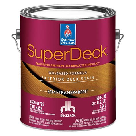 Sherwin williams superdeck exterior deck stain. Protects the integrity of your wood deck for 3 years with fast, easy application. Penetrates bare wood, giving properly prepared decks excellent protection from sun and premature weathering. Contains agents which inhibit the growth of mildew on the surface of this paint film. Technologically advanced formula weathers similarly to oil-based stains. 