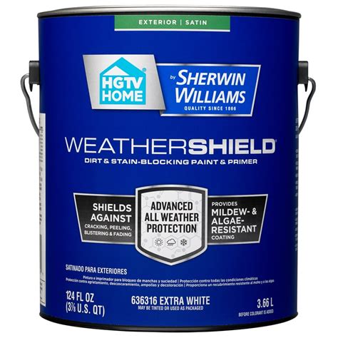 807. HGTV HOME by Sherwin-Williams. Everlast Semi-gloss Ultra White Enamel Tintable Latex Exterior Paint + Primer (5-Gallon) Find My Store. for pricing and availability. 1143. HGTV HOME by Sherwin-Williams. Weathershield Satin Ultra Deep Tintable Latex Exterior Paint + Primer (5-Gallon) Find My Store.. 