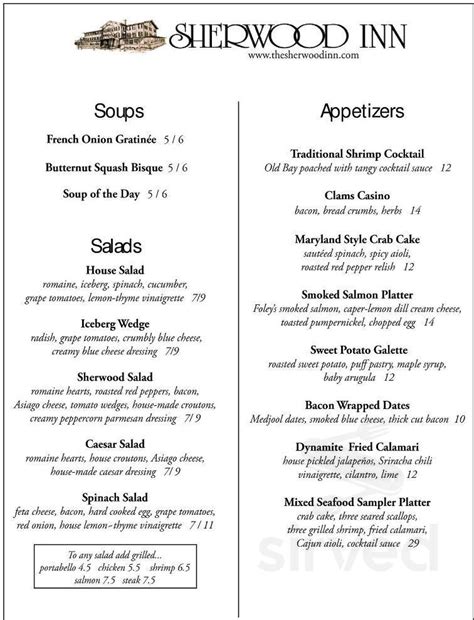 Sherwood inn skaneateles menu. The restaurant serves you a choice of gluten-free meals, moreover there is a wide selection of vegan meals on the menu. If you are looking for traditional tasty pasta meals like Bolognaise and Carbonara consuming, you're exactly right at Sherwood Inn from Skaneateles. 