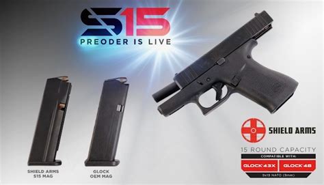 This is a 3-pack of the Shield Arms S15 Gen 3 15-round magazine and one (1) steel magazine release for Glock 43X/48 pistols. The S15 magazine is a patent-pending, flush-fitting 15 round magazine for the Glock® 43X and Glock® 48. The S15 is a steel magazine, and is the same length as the OEM Glock® 10 round magazine, but holds an additional 5 .... 