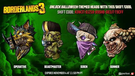 Shift codes for borderlands 3. Several of the heads for Zane in Borderlands 3, like the Oni head, were available as part of limited-time events. Some SHIFT codes for the heads in Borderlands 3 are still active, while others have expired, making the heads associated with those codes unavailable. The Gearbox Forums list each head and how to get them. 