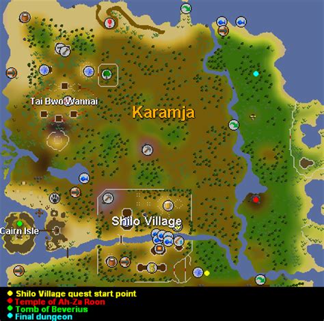 This quest has a quick guide. It briefly summarises the steps needed to complete the quest. Shilo Village is a quest in which the player lays to rest a vengeful spirit that is attacking Shilo Village, a town located in southern Karamja. The quest unlocks access to the village and its cart system .. 