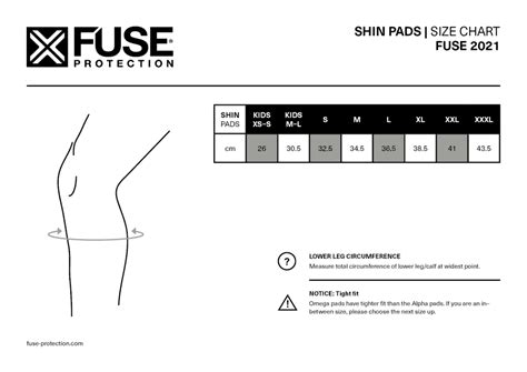 Shin Pads Size Chart Fuse Protection Download Printable PDF
