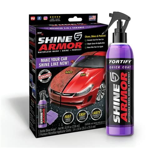Shine armor ceramic coating. It’s easy and much more affordable than you think, especially if you use Shine Armor Fortify Quick Coat. Engineered in a lab to be durable and long lasting, it has a superior Si02 ceramic protective coating. Plus, you won’t have to wait days to get your car back — you’ll be ready to roll in less than an hour. 