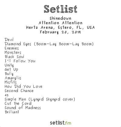 Shinedown setlist september 2023. Get the Shinedown Setlist of the concert at Huntington Center, Toledo, OH, ... September 29, 2019 Setlist. Sep 29 2019. Shinedown Setlist at Huntington Center, Toledo, OH, USA. ... 2023. Shinedown Announces Tour w/Papa Roach and Spiritbox. May 2, 2023. Setlist Insider: Supercut 2022 ... 