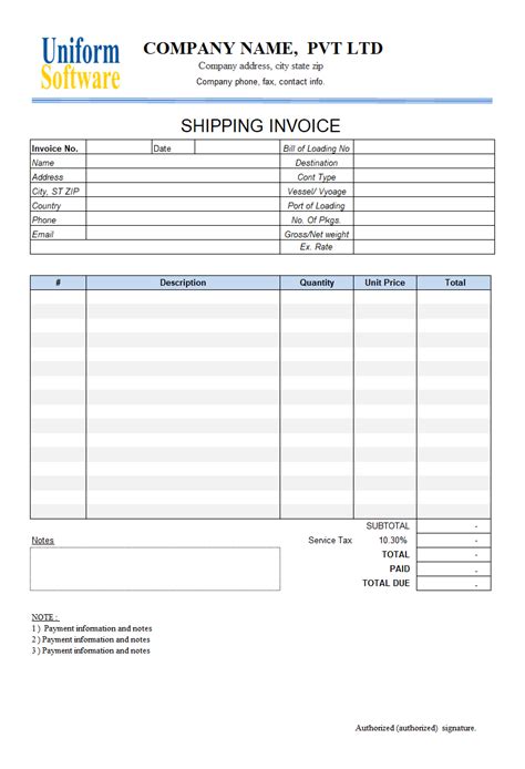 Shipping Invoice Template Excel