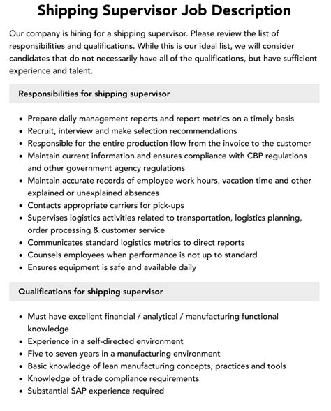 Shipping Supervisor Job Description - JobHero