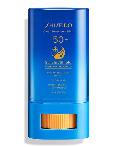 Shiseido sunscreen stick. What it is: A portable sunscreen stick with SPF 50+ and a hydrating, invisible finish that can be re-applied anytime, anywhere, over or under makeup. Skin Type: Normal, Dry, Combination, and Oily Skincare Concerns: Dryness and Dullness Highlighted Ingredients: - WetForce Technology: Negative ions in the formula combine with positive ions in water … 