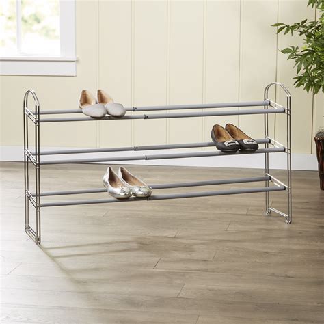 Shoe rack wayfair. Color: Wood Net Weight: 15.5 lbs. Overall Dimension: 33'' x 10'' x 32'' (L x W x H) Material: Acacia Wood + Metal Each Layer Weight Capacity is 180 lbs. Wood Humidity: Less than 14% Package includes 1X Shoe Shelf. 1 x Instructions. Suitable for Large Shoes, Men's Size 13 and up! The weight capacity of the rack is 180 pounds for each layer/shelf." 