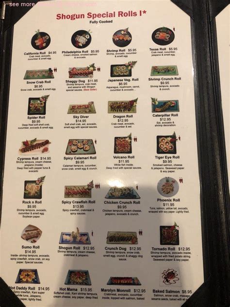 Shogun houston menu. Great ambiance and it's cool that they have a side of the restaurant for sushi and another side for hibachi, and also a bar. Sushi rolls are big, and decent prices, good options on the menu and very nice service. Have been here a couple times and they are usually busy in the evening, will surely go back. They do a fun special birthday dessert too. 