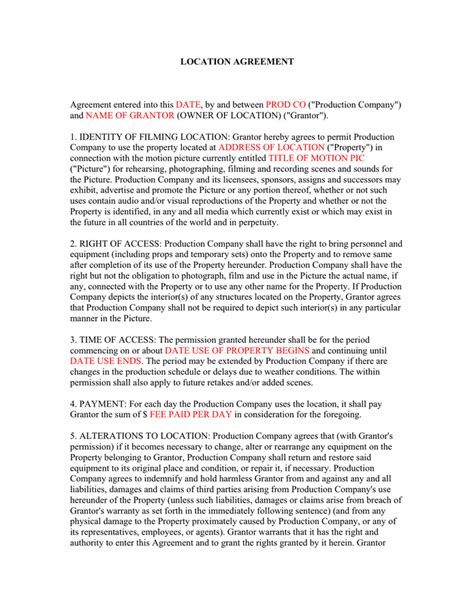 Shooting location agreement template in Word and Pdf formats