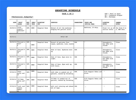 Shooting schedule template. Shooting schedule. A shooting schedule is a project plan of each day's shooting for a film production. It is normally created and managed by the assistant director, who reports to the production manager managing the production schedule and production board. Both schedules represent a timeline stating where and when production resources are used. 