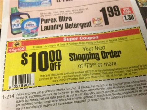 Shoprite $10 off $75 printable coupon. "Basket Level" Coupons: Coupons not associated with a specific item in a transaction; however, the coupon reduces the amount of the transaction total when stated minimum requirements are met (e.g., "Save $10 on your next BJ's purchase of $50 or more"). BJ's Members and Non-Members may use coupons. 
