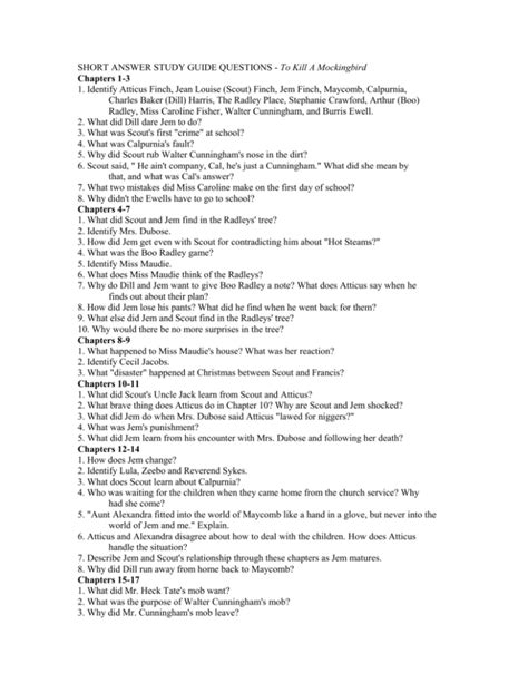 Short Answer Study Guide Questions To Kill A Mockingbird 3
