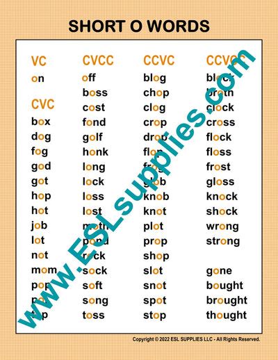 Short O Word List ESL English Language Classroom Chart Poster Adult K12
