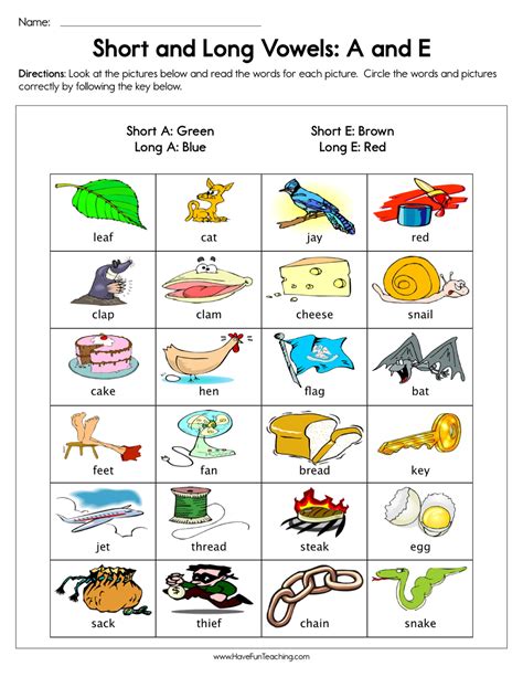 Short and Long Vowels A and E Worksheet by Teach Simple