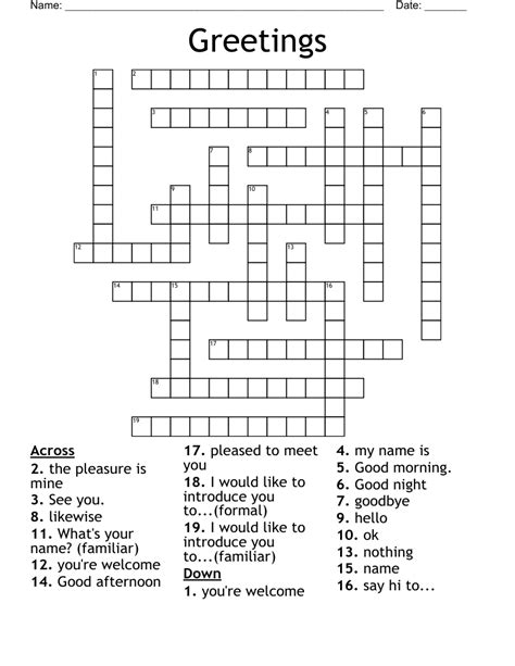 "Greetings!" Crossword Clue Here is the solution for the "Greetings!" clue featured in Newsday puzzle on March 19, 2024. We have found 40 possible answers for this clue in our database. Among them, one solution stands out with a 94% match which has a length of 5 letters. You can unveil this answer gradually, one letter at a time, or reveal it ...