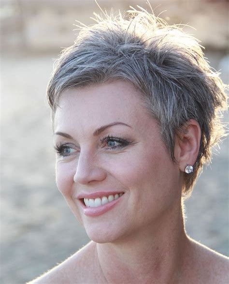 Short hairstyles with gray hair. Platinum Mauve Pixie. This short silver-grey hair can look both elegant and sexy. Short hair is trendy, easy to style, and it regenerates faster. Tousle your hair and get that messy aspect. 4. Platinum Gray Highlights. If you love exquisite nuances, get a short grey hair with highlights and dark roots. 