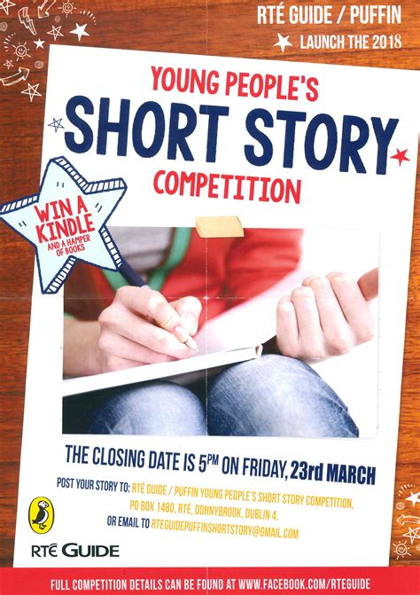 Short story competitions. Competitions and Events. The Hope Prize 2024. 22 March 2024. More details here. The Broadway Arts Festival Julia & Martin Wilson Short Story Prize 2024. 28 March 2024. More details here. South Warwickshire Literary Festival Writing Competition 2024. 29 March 2024. 