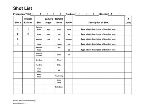 Shot List Template Excel Collection