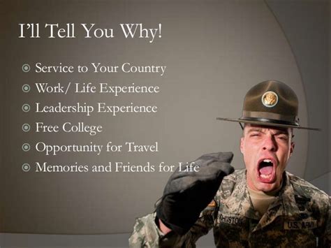 Mar 10, 2023 · Learn about 25 common motivations for joining the military, such as serving your country, learning new skills, traveling, getting paid, and more. Compare the pros and cons of different military careers and branches. . 