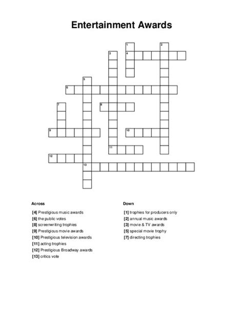 Show award crossword. The Crossword Solver found 30 answers to "Broadway show awards", 4 letters crossword clue. The Crossword Solver finds answers to classic crosswords and cryptic crossword puzzles. Enter the length or pattern for better results. Click the answer to find similar crossword clues. 