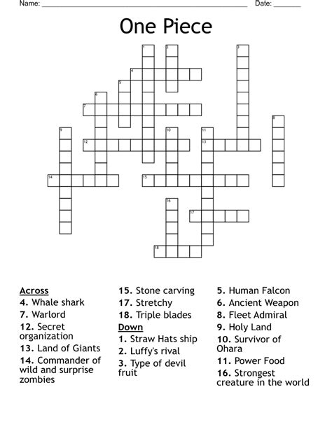 Show such as one piece crossword clue. The Crossword Solver found 30 answers to "shew such as one piece", 5 letters crossword clue. The Crossword Solver finds answers to classic crosswords and cryptic crossword puzzles. Enter the length or pattern for better results. Click the answer to find similar crossword clues . Enter a Crossword Clue. Sort by Length. # of Letters or Pattern. 