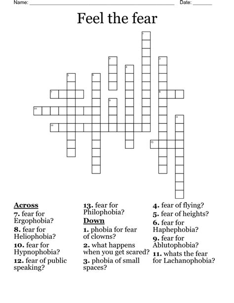 Apiphobe's Fear Crossword Clue Answers. Find the latest crossword clues from New York Times Crosswords, LA Times Crosswords and many more. ... Showed fear 3% 6 PHOBIA: Obsessive fear 3% 5 COWER: Shrink in fear 2% 6 HORROR: Great fear or repulsion 2% 6 .... 