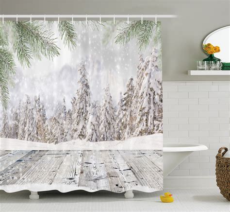 Christmas Shower Curtain Set with Hooks Natural Winter Forest Sn