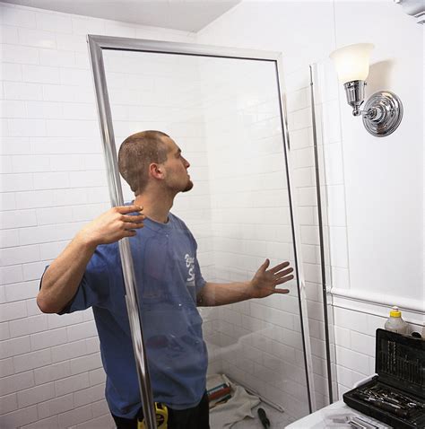 Shower door installer. The installer places all the shower elements within your existing shower footprint with no muss, no fuss. The Finishing Touch: Doors Choose a metal finish and glass treatment to … 