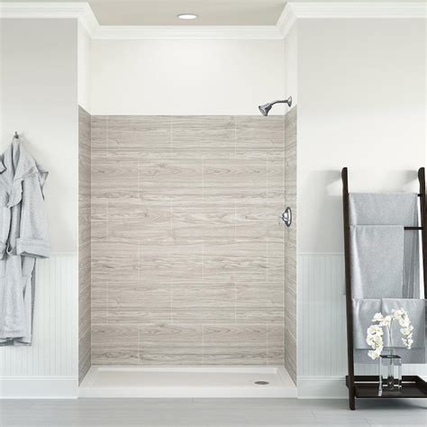 Corner wall set with a 60-in wide x 80-in high back panel and a 32-in wide side panel. A grout-free solution, allowing you to have the look of tile without the messy cleanup. Walls can be cut to fit around either a shower or bathtub configuration. Resistant to impact damage, discoloration and chemical wear and tear. 