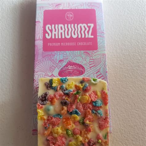 Shruumz. Our premium microdose white chocolate Fruity Cereal bar is filled with our primo proprietary blend of nootropic and functional mushrooms, and tons of tasty fruity rice cereal with a serious kick. Each 1.6 ounce bar includes 15, trippy little squares for a little far out fun. Price: $ 25.00 $ 0.00. Select Quantity: 