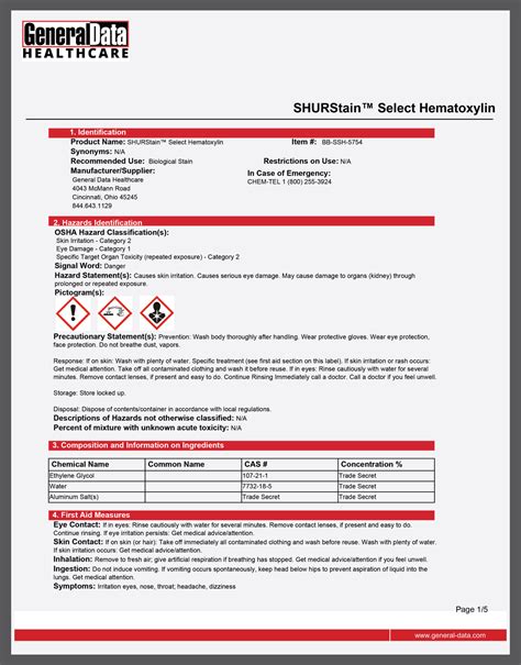 ShurStain Select Hematoxylin Safety Data Sheet General Data