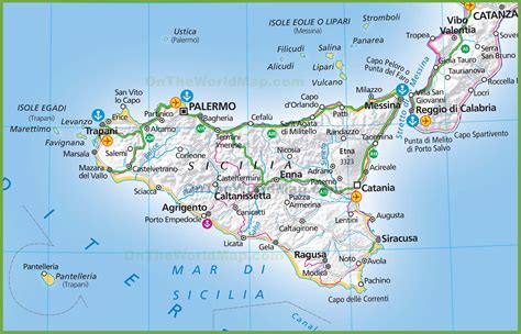 Sicily and map. The most popular itineraries are essentially 3. The East Sicily on the Jonian Coast. This covers the areas from Messina to Portopalo. The Sicilian West Coast on the Mediterranean (from Trapani to Pozzallo) and the North Tyrrhenian coast from Palermo to Milazzo. 