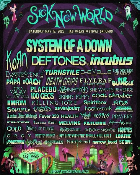 Sick new world 2023. May 13, 2023 · System of a Down performing at Sick New World in Las Vegas, NV on May 13, 2023. Show info: https://victimsofadown.com/may-13-2023-usa-las-vegas-nv-las-vegas-... 