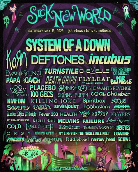 Sick new world festival las vegas. Las Vegas’ nu metal-leaning Sick New World festival returns for its 2024 edition on Saturday, April 27, and they’ve now announced the official side shows, happening from Thursday, April 25 ... 