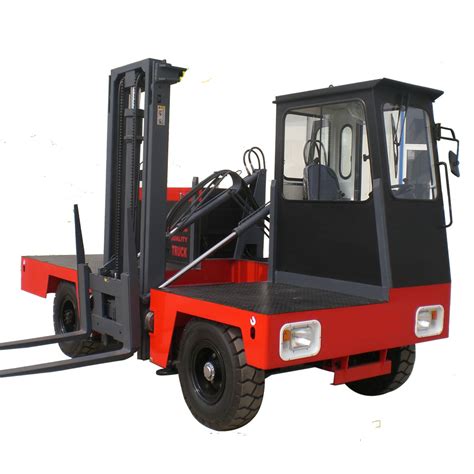 Side load. However, this side loader forklift's very high lift height also enables rows of racking more than 10 meters high to be used. All these benefits facilitate use in confined spaces and very narrow rows of racking. In addition, the truck model offers the largest degree of individualization. The sideloader can be positively guided in the rows via an ... 