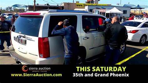 Sierra auction phoenix. 6145 - Tucson Vehicle Auction - April 15th, 2023. In person preview takes place on the Thursday & Friday prior to the auction weekend, between the hours of 8:00am to 5:00pm. Preview Location: 3911 N. Highway Drive, Tucson, AZ 85705. Featuring Government, Municipal, Charity Donation, Repo, Bankruptcy, Seized, Fleet, & others. 