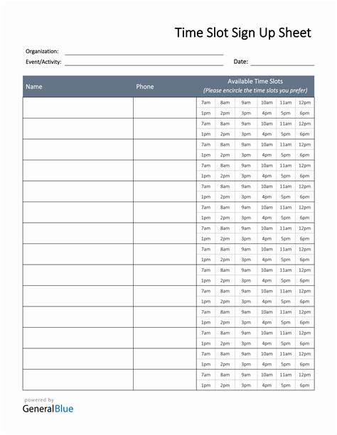 Sign Up Sheet Template Word With Time Slots
