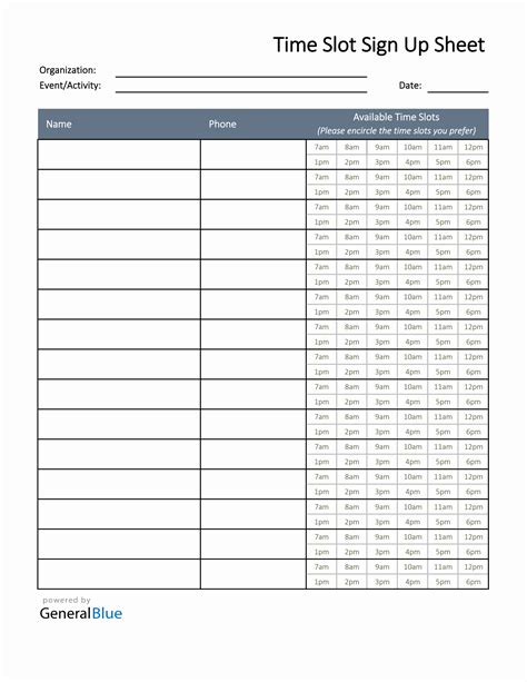Sign Up Sheet With Time Slots in Excel