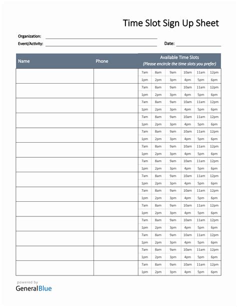 Sign Up Sheet With Time Slots in PDF