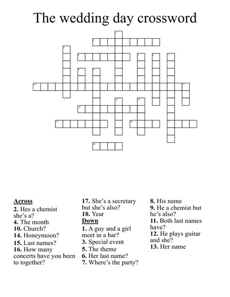 Search Clear. Crossword Solver wedding-day-role. We found 20 possible solutions for this clue. We think the likely answer to this clue is USHER. You can easily improve your search by specifying the number of letters in the answer. Best answers for Wedding Day Role: USHER. IDOS, UPDO. 