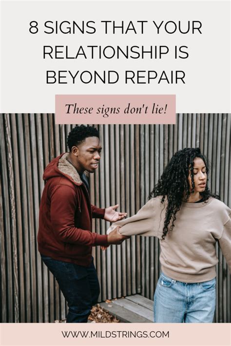 Signs your relationship is beyond repair. 5 Signs Your Relationship Is Beyond Repair. Consistent Lack of Communication: Effective communication is the cornerstone of a healthy relationship. When partners struggle to express themselves, listen, or understand each other, it can lead to growing resentment and distance. 