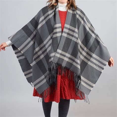 Siizu Poncho Wrap Green Gray White Plaid 100% Viscose …