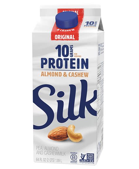 Silk protein milk. Silk Protein Original Pea, Almond & Cashewmilk is totally free of dairy, lactose, carrageenan, gluten, casein, and egg. -Original Silk Protein milk. -Made with an almond and cashewmilk blend. -Low in saturated fat, with no cholesterol. -Provides calcium and 10g protein per serving. 