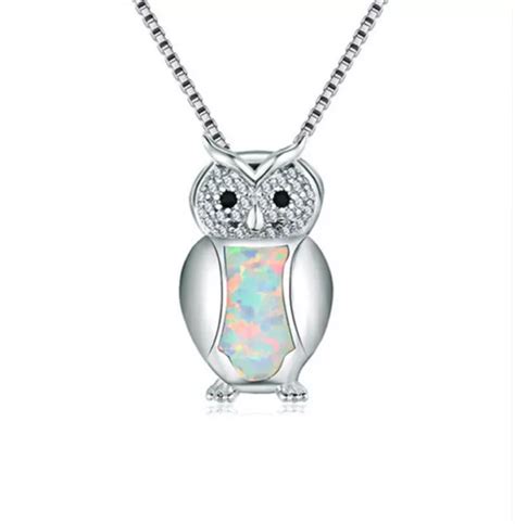 Silver Created White Simulated Opal Owl Engagement Pendant