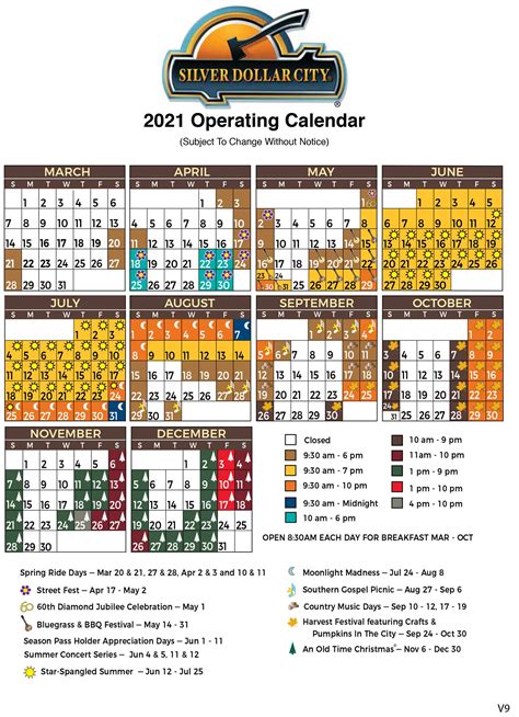 Silver dollar city calendar for 2022. Single-day tickets at the gate or online are $89 for adults and $79 for children ages 4-11 (children under 3 are free). However, A two-day ticket is available for just a bit more — $109 for adults and $99 for children. That equates to $54.50 per day for adults and $49.50 per day for children. Ticket prices have been increasing throughout the ... 