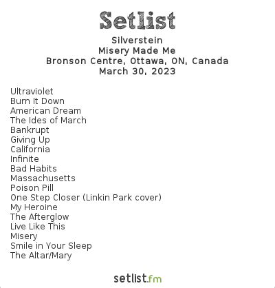 Silverstein tour setlist. Get the Silverstein Setlist of the concert at Faust - 60er Jahre Halle, Hanover, Germany on June 3, 2023 from the Misery Made Me Tour and other Silverstein Setlists for free on setlist.fm! 